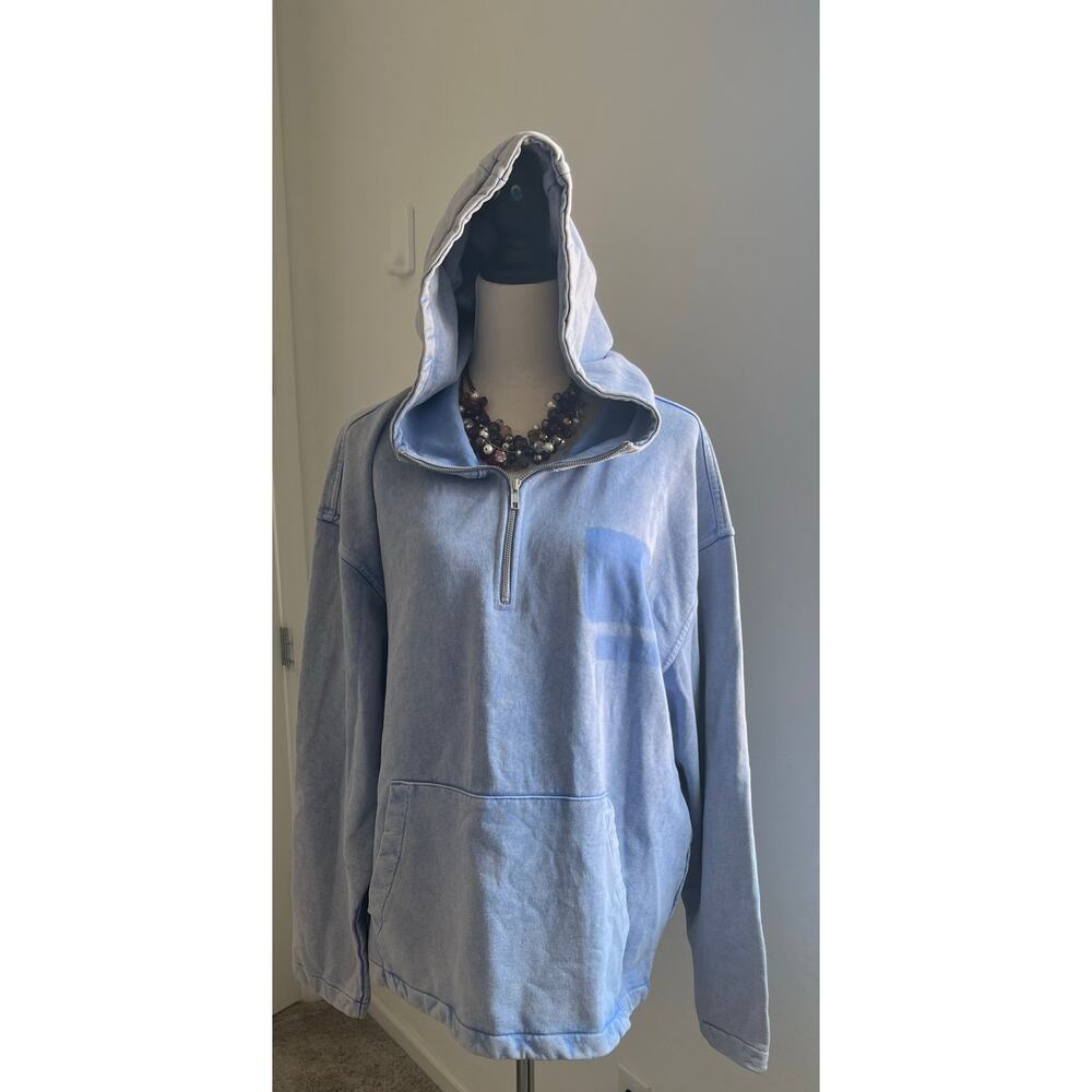 NWT Zara Denim Stone Washed Long Sleeve Quarter Zip Kangaroo‎ Pocket Hoodie L-XL - Picture 6 of 9